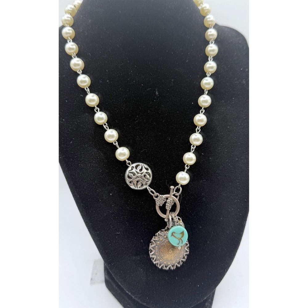 Desert Heart Turquoise Bird Charm Pearl Necklace Toggle 18" Western Boho